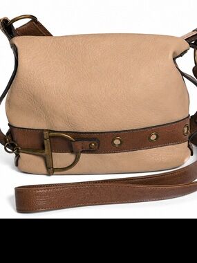Pebble-Textured Beige Crossbody with Brown Leather Accents